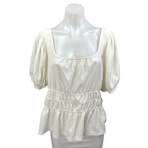 Anthropologie Maeve White Short Puff Sleeve Scoop Neck Peplum Blouse Top Size XL